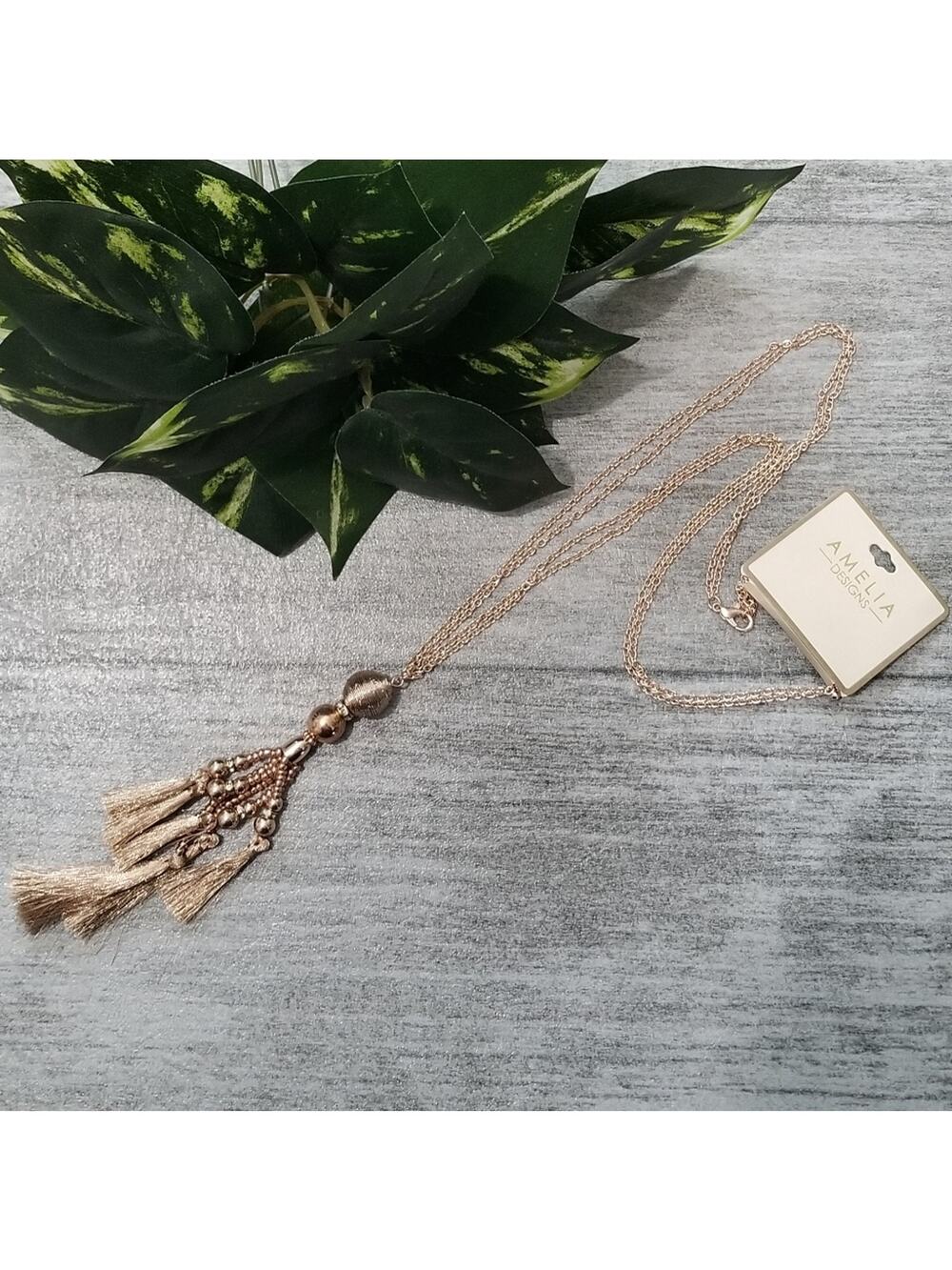 Amelia Designs rose gold beaded tassel necklace NEW